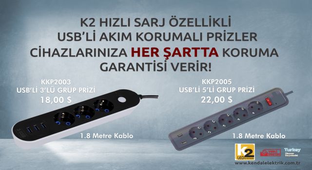 K2 Hızlı Şarj özellikli USB’li Akım Korumalı Prizler
