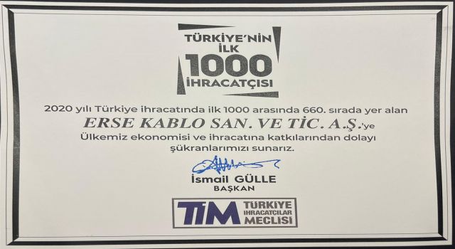 Erse Kablo İlk 1000 İhracatçı Firma Arasında Yükseliyor