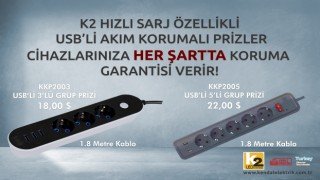 K2 Hızlı Şarj özellikli USB’li Akım Korumalı Prizler
